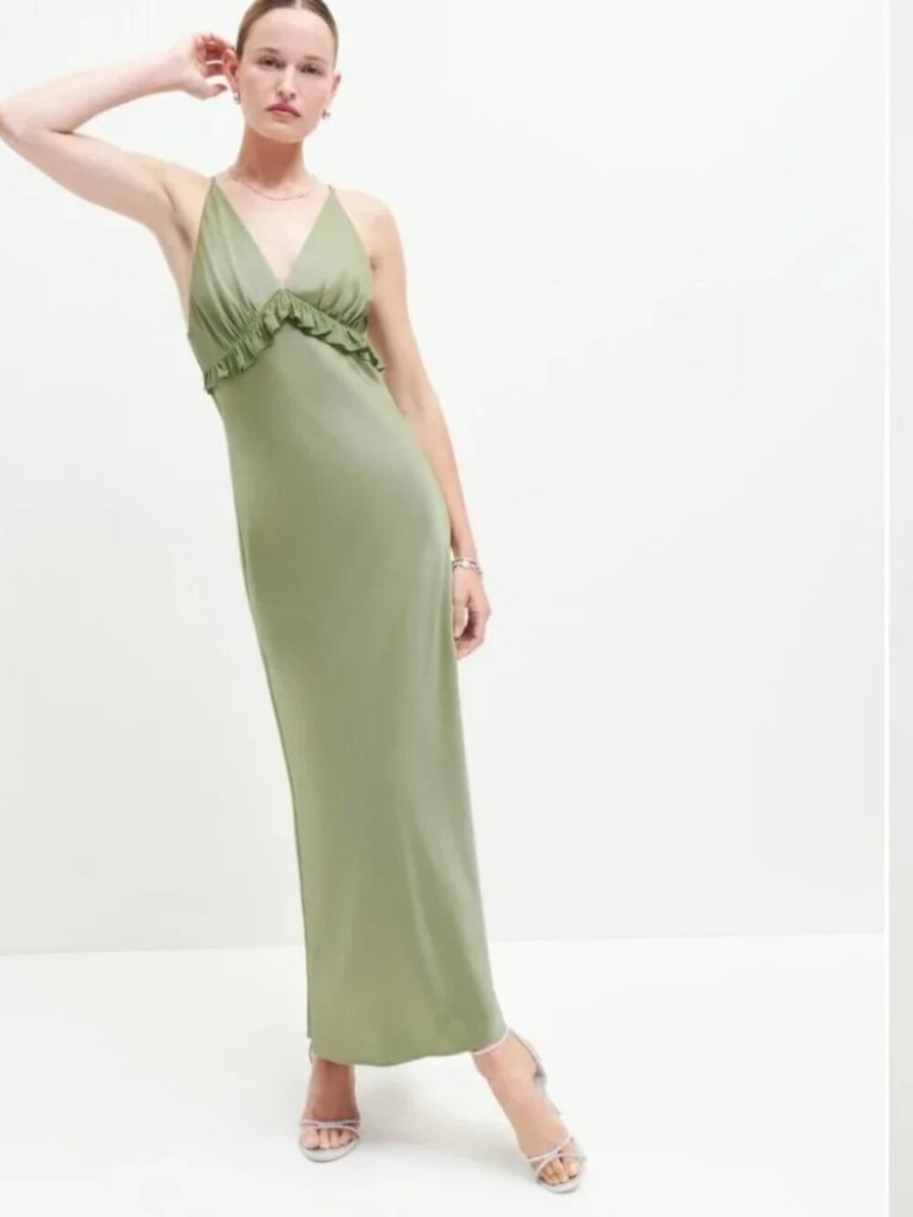 Reformation Madrigal Satin Dress in Artichoke